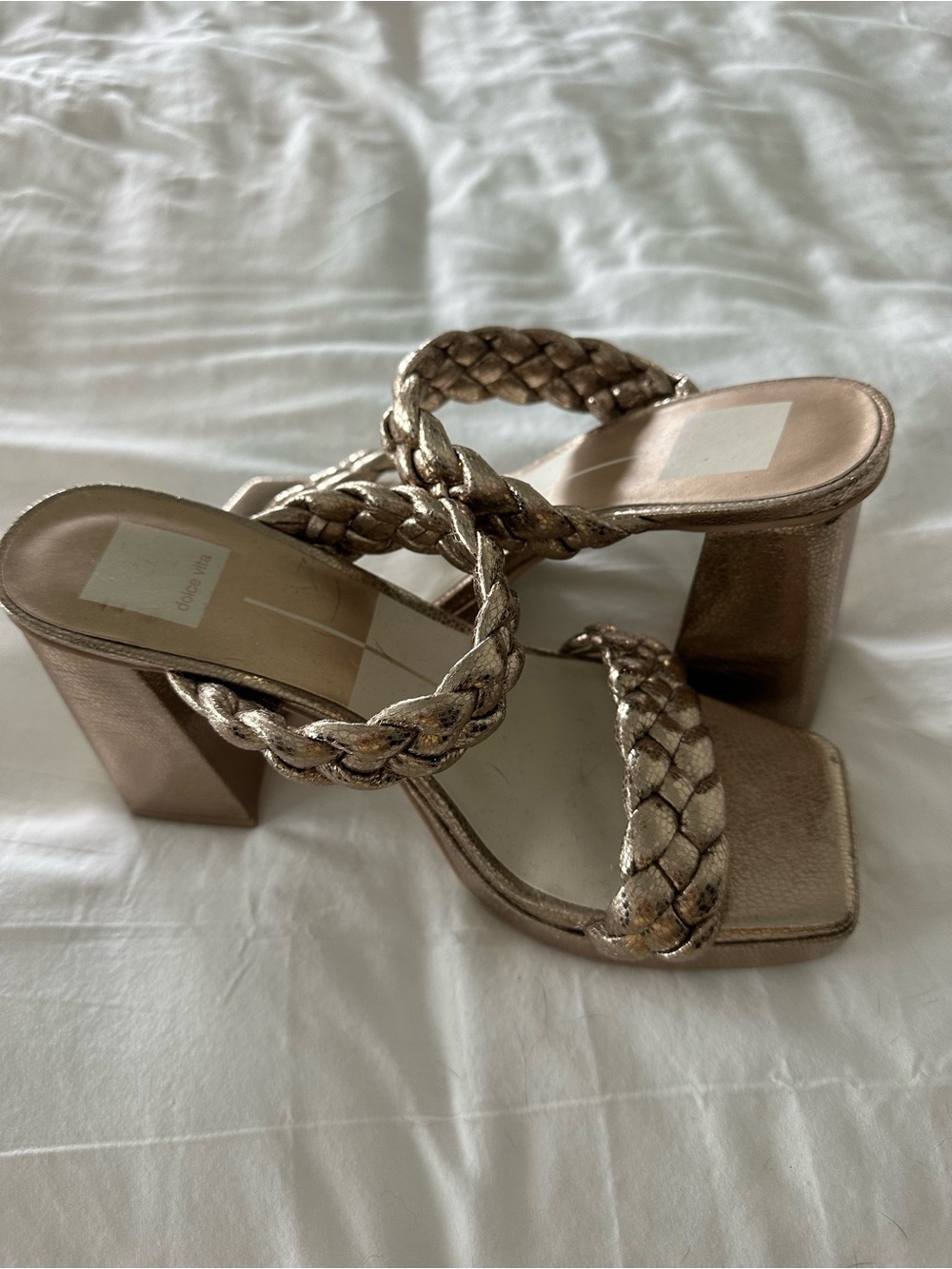 Dolce Vita Braided Metallic Sandal Heels in Rose Gold